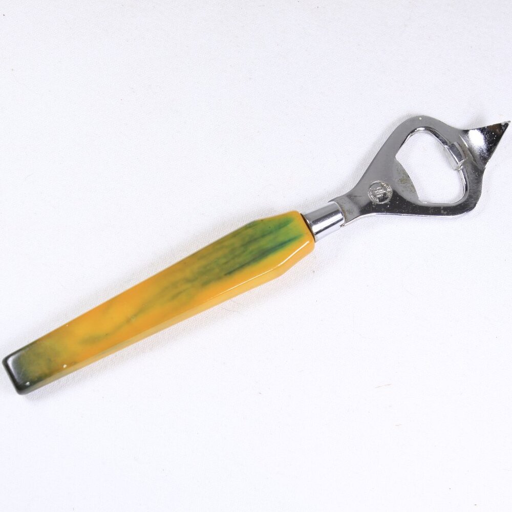 Yellow and Green Bakelite handled can / bottle opener by Glo Hill Canada